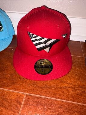New Era Red Fitted 59FIFTY Cap with Striped Paper Plane Patch